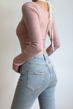 Sexy V-Neck Halter Tie Color-Blocking Ribbed High-Waisted Long Sleeve T-Shirt Top - European American Style