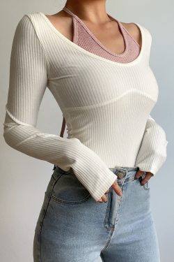 Sexy V-Neck Halter Tie Color-Blocking Ribbed High-Waisted Long Sleeve T-Shirt Top - European American Style