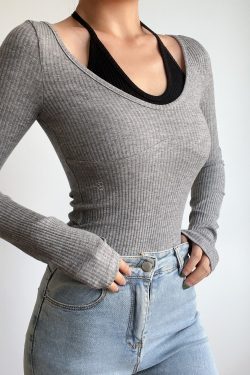 Sexy V-Neck Halter Tie Color-Blocking Ribbed High-Waisted Long Sleeve T-Shirt Top - European American Style