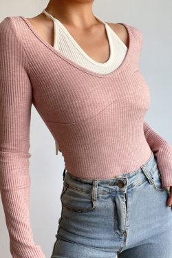 Sexy V-Neck Halter Tie Color-Blocking Ribbed High-Waisted Long Sleeve T-Shirt Top - European American Style