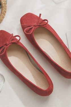 Sheepskin Evening Ballet Flats for Women, Shallow Mouth French Style Red Flats Perfect with Skirts, Elegant and Comfortable Footwear