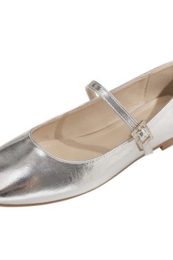 Sheepskin Mary Jane Shoes for Women - Spring Fairy Style Shallow Mouth Flat Loafers in Silver, Perfect for Skirts