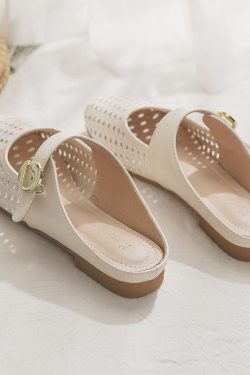 Sheepskin Slip-On Hollow-Out French Style Flat Open-Toe Half Slippers for Women - Summer Outdoor Footwear