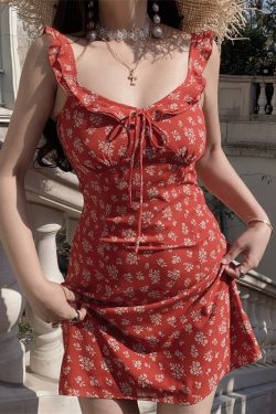 Sicilian Style Floral Ruffled V-Neck Tie Camisole Dress with Flying Sleeves for Women - Spring Summer Vacation Fashion