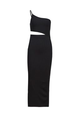 Slanted Shoulder Knitted Camisole Dress - Hollow Cutout Black Sexy Dress for Y2K and Korean Style Fashion