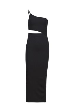 Slanted Shoulder Knitted Camisole Dress - Hollow Cutout Black Sexy Dress for Y2K and Korean Style Fashion