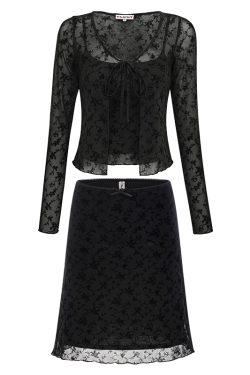Slim-Fit Black Cardigan with Camisole & High-Waisted Mini Skirt Set – European & American Style Women's Fashion Ensemble