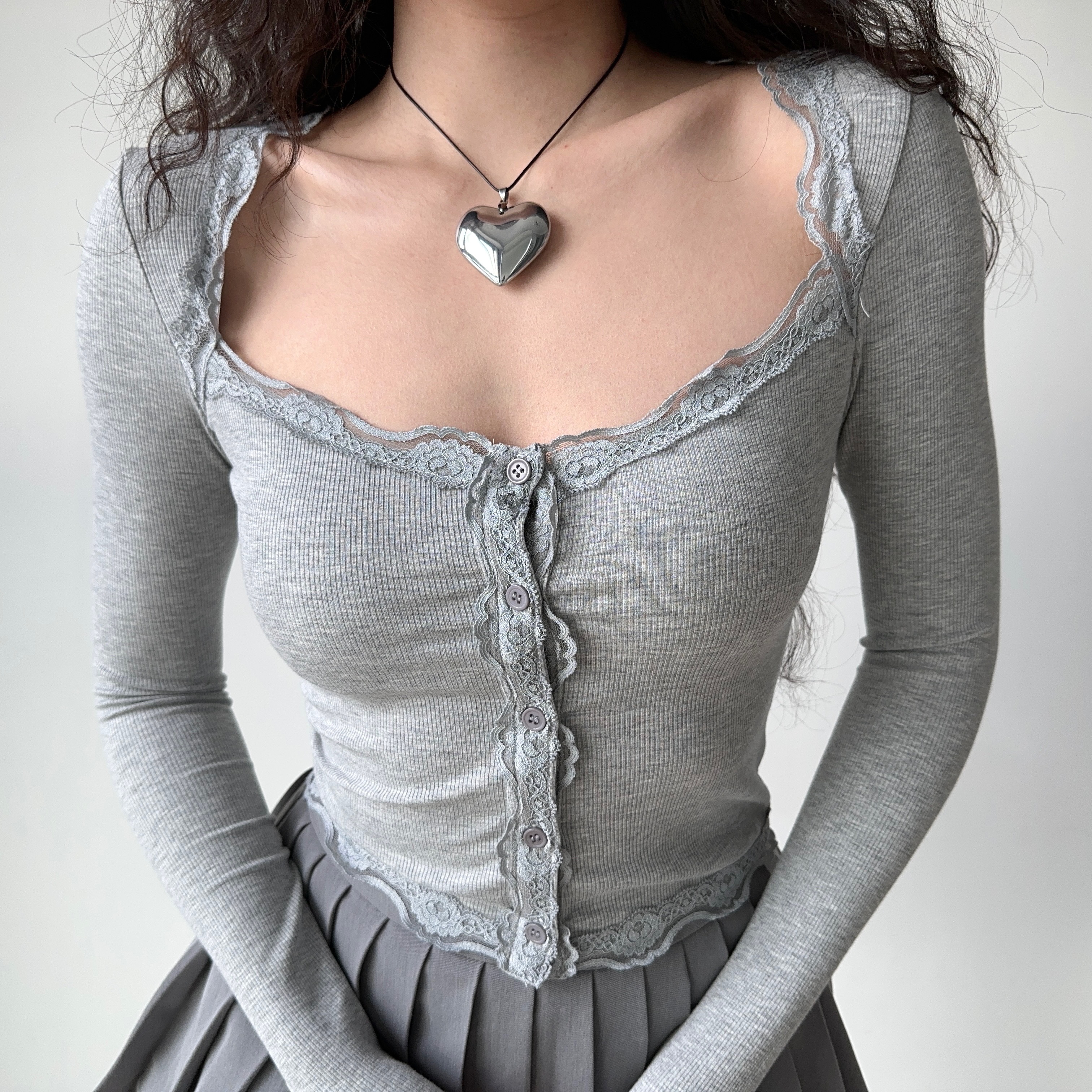 Slim Fit Lace Trim Long Sleeve Knitted Cardigan - Women's European American Style, Casual Chic Top for 90s Y2K Inspired Fashion