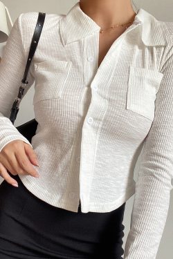 Slim-Fit Minimalist Lapel Long Sleeve T-Shirt - Solid Color, Pocket Detail, Sexy European American Style Top
