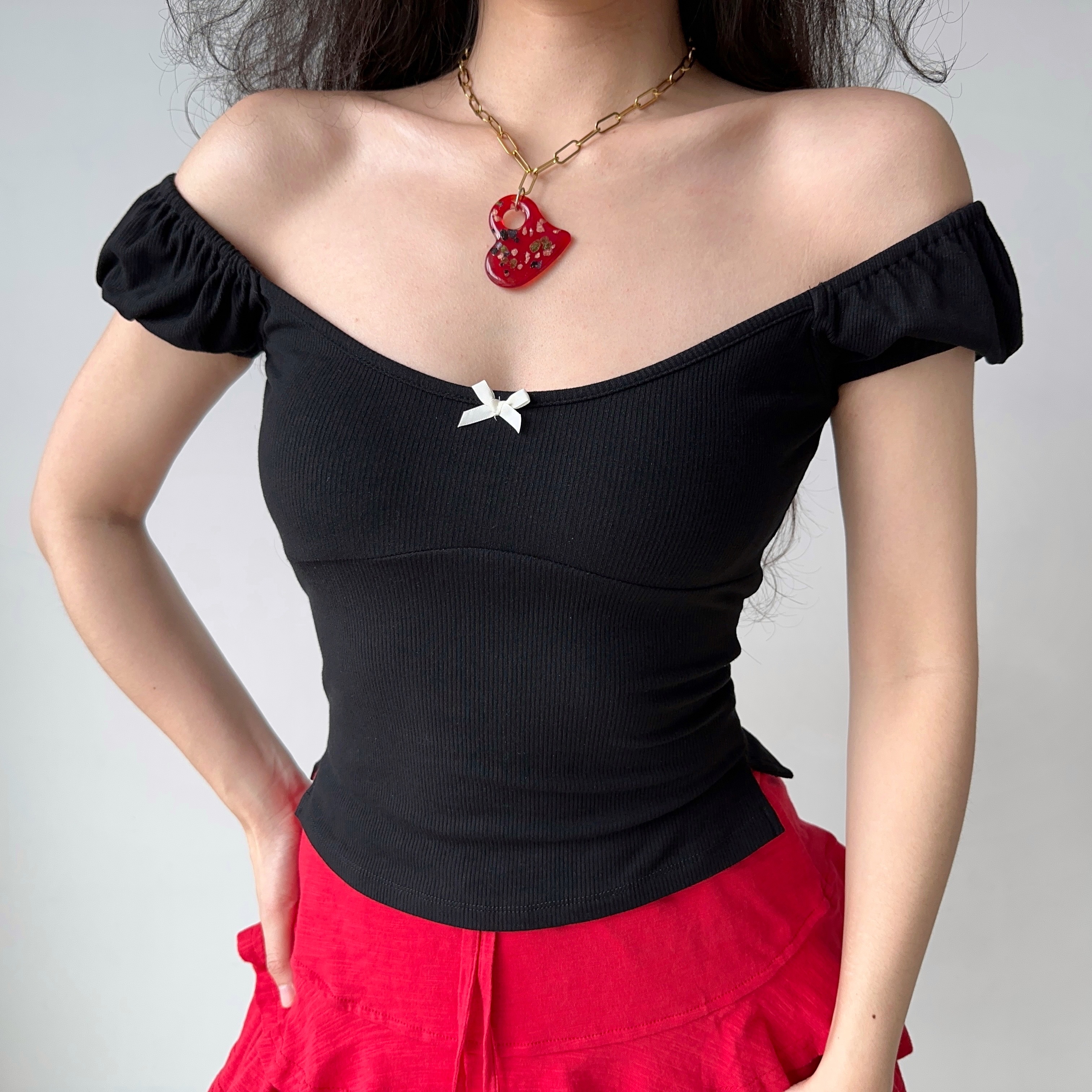 Slim Fit Puff Sleeve Bowknot T-shirt for Women - European American Style Ribbed Short Sleeve Round Neck Top - Summer Fashion
