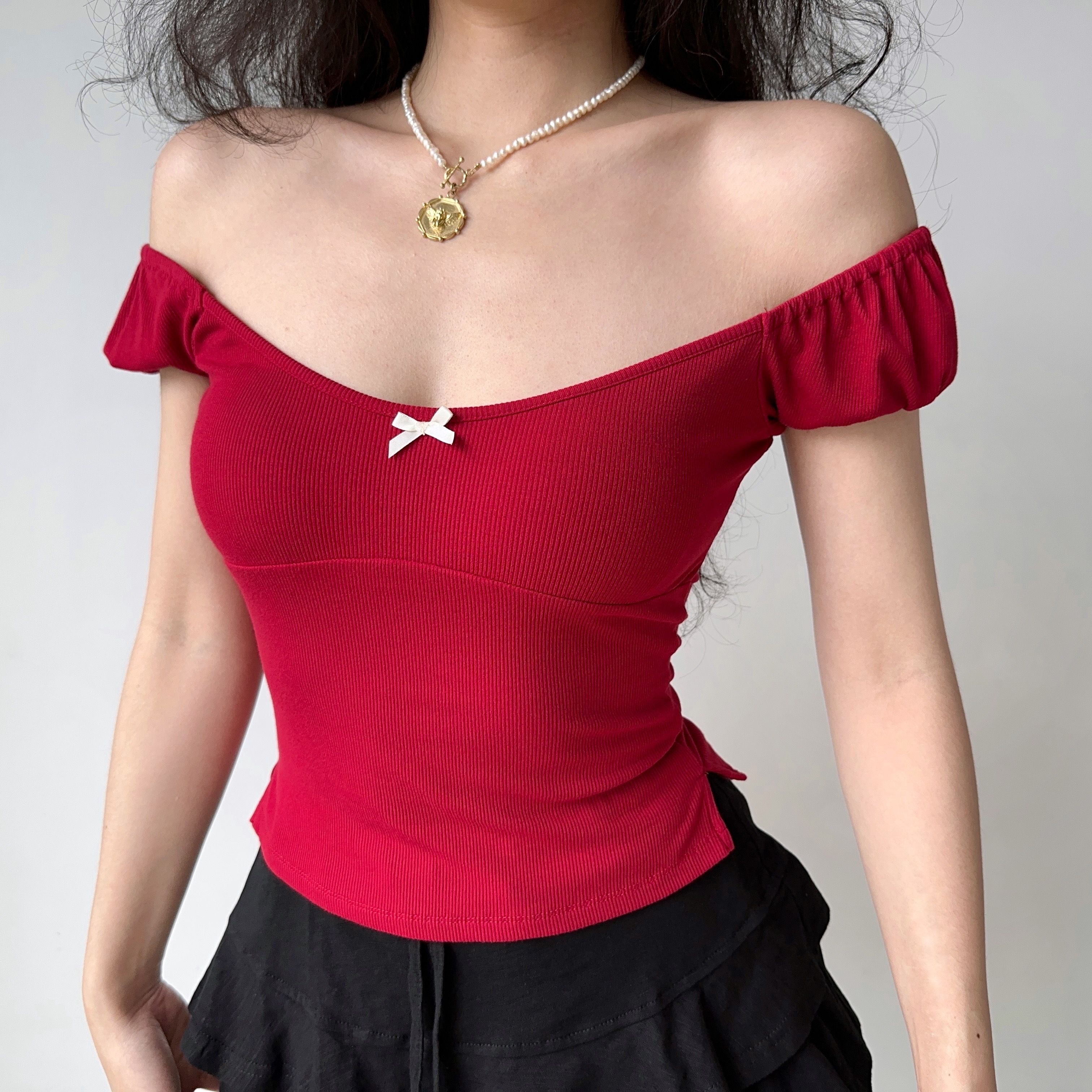 Slim Fit Puff Sleeve Bowknot T-shirt for Women - European American Style Ribbed Short Sleeve Round Neck Top - Summer Fashion
