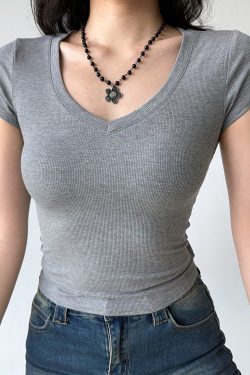 Slim Fit Ribbed V-Neck Short Sleeve T-Shirt for Women - Basic Summer Top, Casual Style, Essential Wardrobe Staple
