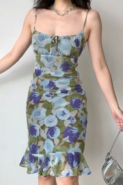 Slim Fit Ruffled Bodycon Camisole Dress - Self-Made European American Style Printed Summer Dress for Women, Y2K Fashion