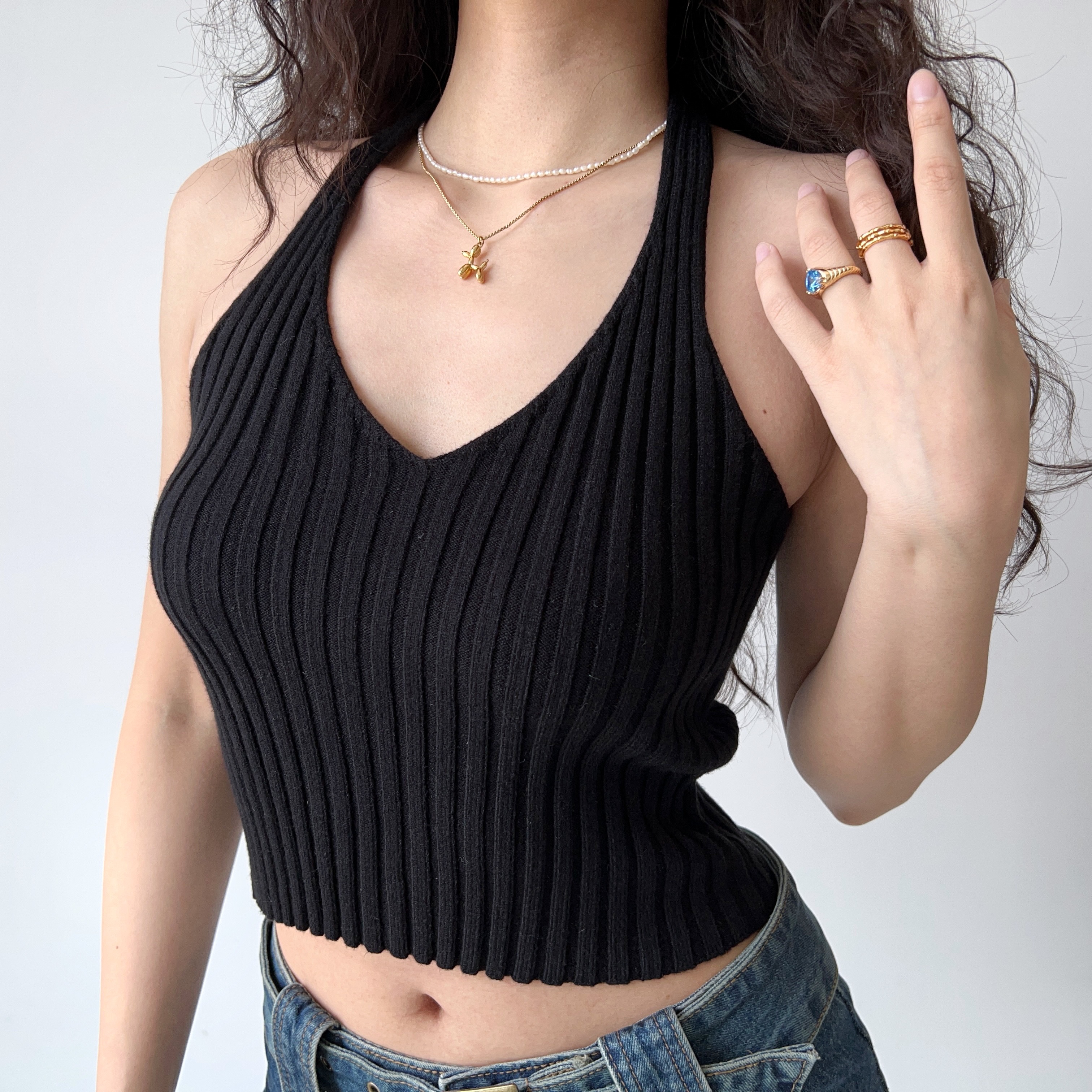 Slim-Fit Sexy V-Neck Backless Halter Knitted Vest - Women's Short Top in European & American Style, Trendy Y2K Fashion