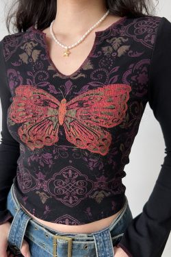 Slim Fit V-Neck Long Sleeve T-Shirt with Butterfly Print - Retro European American Style Women's Short Top
