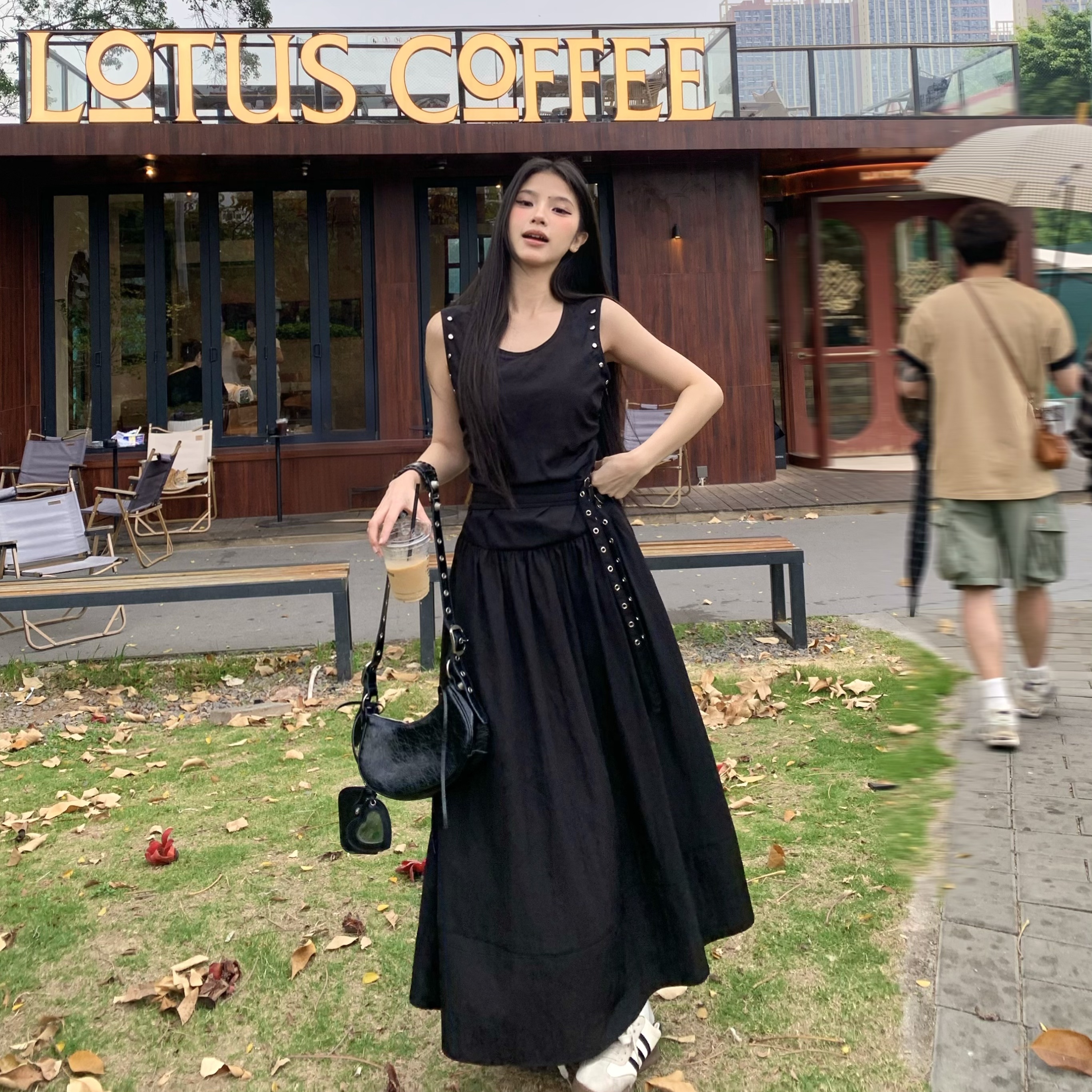 Slimming Studded Waist Belt Dress for Women - White Sleeveless Tank Dress with Long Skirt - Elegant Temperament Style