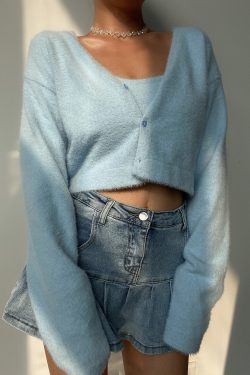 Soft Fluffy Imitation Mink Velvet High-Waisted Short Knitted Camisole Cardigan Two-Piece Set - Retro European American Style