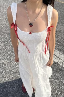 Solid Color Red Bow Tie Flowing Shoulder-Exposing Dress for Women - Spring/Summer 2025, Elegant 90s Y2K Style