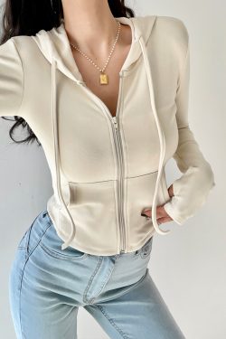Solid Color Slim Fit Hooded Zip-Up Sweatshirt for Women - Basic Autumn Winter Outerwear, Flattering American Style