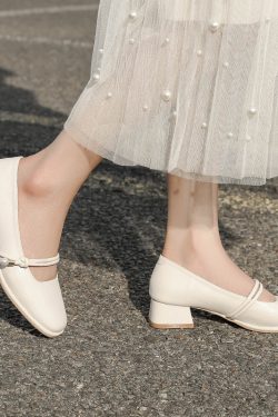 Spring 2025 Women's Sheepskin Chunky Heel Mary Jane Shoes - Low-Heeled Square Toe Single Shoes