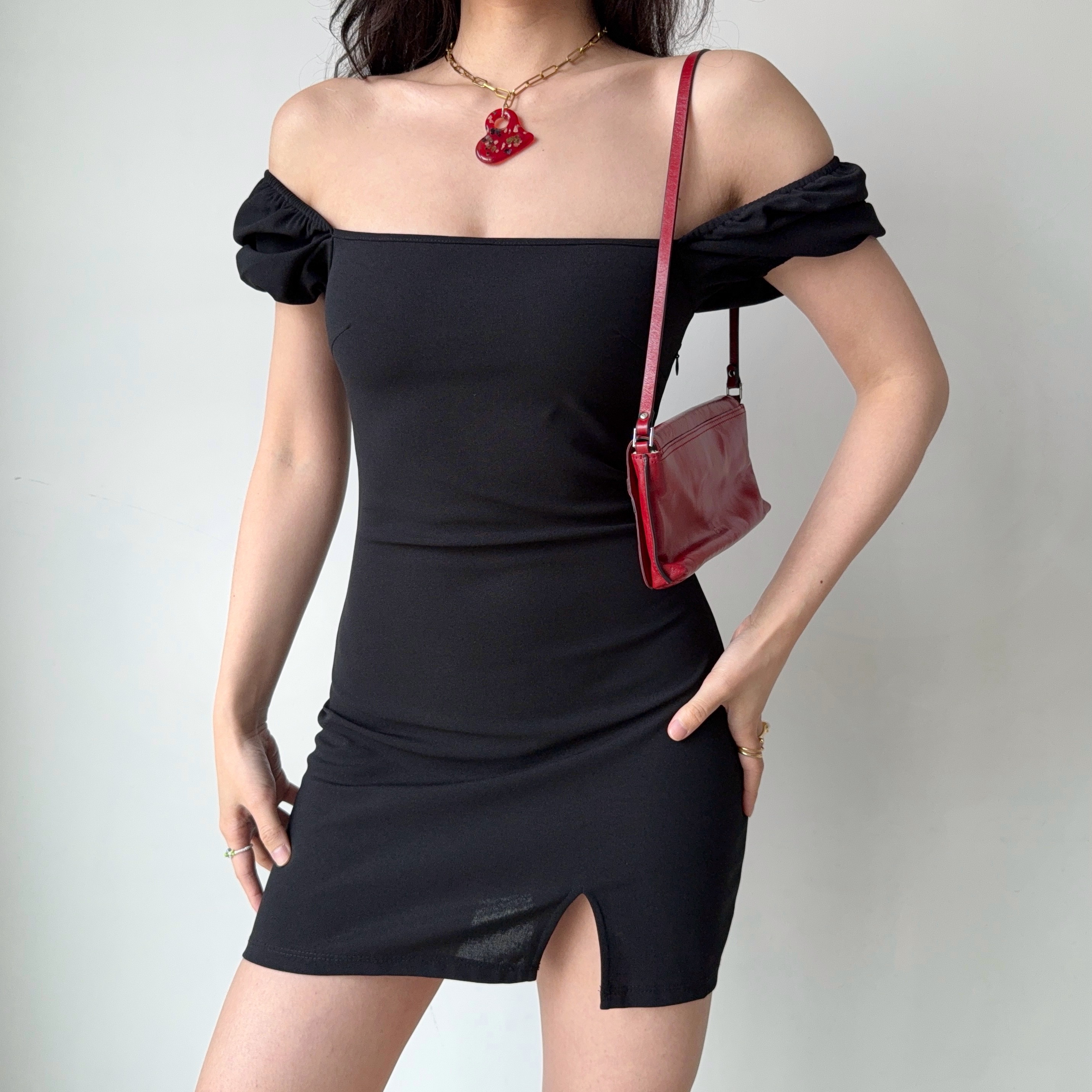 Square Neck Puff Sleeve Bodycon Dress with Split Short Skirt - European & American Style for Women, Trendy and Sexy Fashion