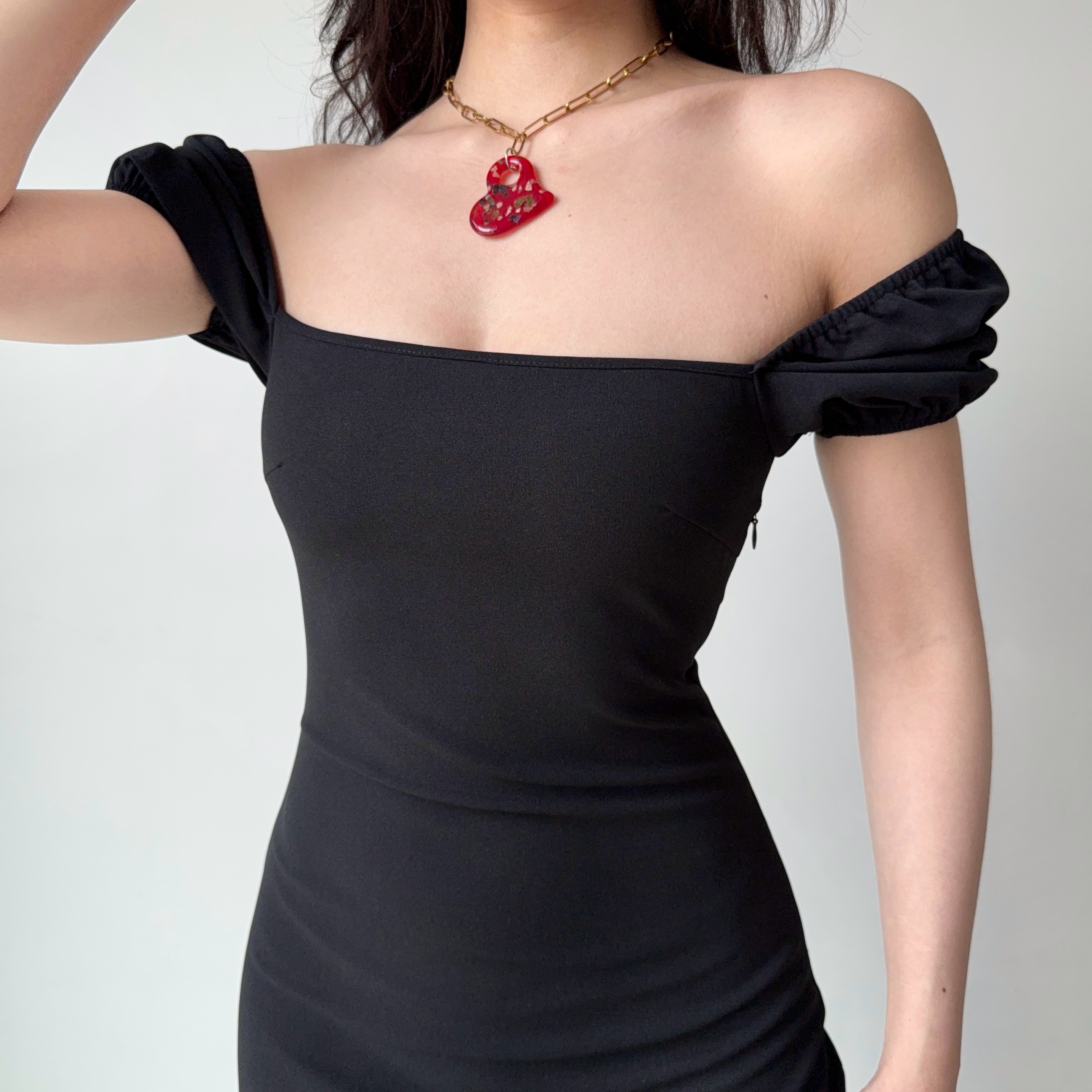 Square Neck Puff Sleeve Bodycon Dress with Split Short Skirt - European & American Style for Women, Trendy and Sexy Fashion