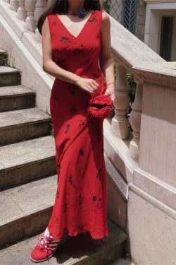 Stunning Red Floral Mermaid Dress - Handmade Draped V-Neck, Waist-Cinching, Perfect for Vacation & Summer Events