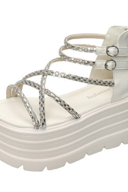 Summer 2025 Women's 8cm Thick-Soled Platform Sandals with Water Diamonds, Fairy Style Roman Beach Shoes for Skirts