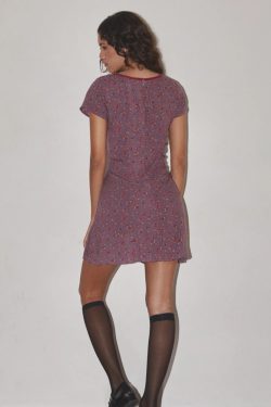 Summer American Vintage Low-Cut Bow Purple Floral Dress for Women - Cute 90s Inspired Design
