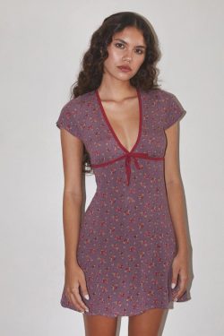 Summer American Vintage Low-Cut Bow Purple Floral Dress for Women - Cute 90s Inspired Design