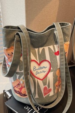 Summer Cartoon Canvas Tote Bag for Women - Versatile Large Capacity Underarm & Shoulder Commuting Bucket Bag