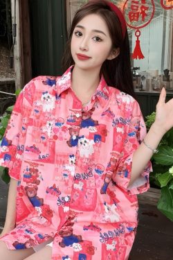 Summer Casual Loose Cartoon Print Short Sleeve Shirt for Women - Unique Beach Top for Students