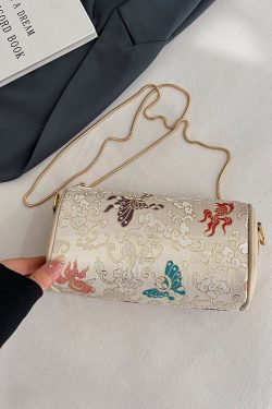 Summer Chinese-Style Round Tube Crossbody Bag for Women with Butterfly Embroidery and Zipper for Phones