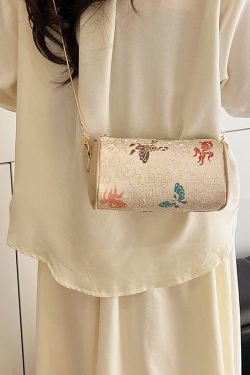 Summer Chinese-Style Round Tube Crossbody Bag for Women with Butterfly Embroidery and Zipper for Phones