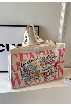 Summer Large Capacity Letter Canvas Tote Bag for Women - Fashionable Commuting Shoulder Bag for College Students and Shopping