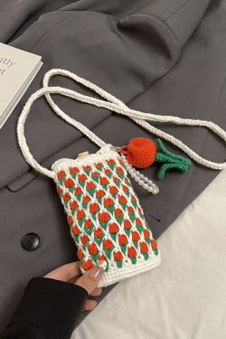 Summer Pink Woven Crossbody Bag for Women - Cute Tulip Knitted Yarn Phone Bag, Trendy Y2K Style Accessory