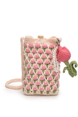Summer Pink Woven Crossbody Bag for Women - Cute Tulip Knitted Yarn Phone Bag, Trendy Y2K Style Accessory