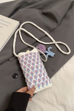 Summer Pink Woven Crossbody Bag for Women - Cute Tulip Knitted Yarn Phone Bag, Trendy Y2K Style Accessory