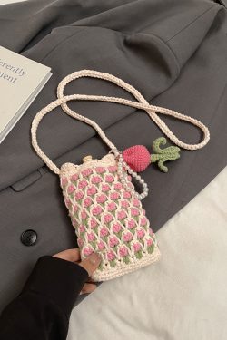 Summer Pink Woven Crossbody Bag for Women - Cute Tulip Knitted Yarn Phone Bag, Trendy Y2K Style Accessory