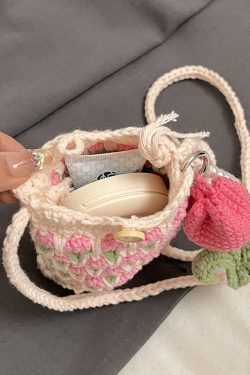 Summer Pink Woven Crossbody Bag for Women - Cute Tulip Knitted Yarn Phone Bag, Trendy Y2K Style Accessory