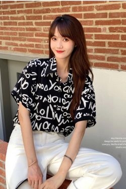 Summer Short Sleeve Shirt for Women, Casual Letter Print Beach Top, Hong Kong Style INS Design, Trendy Summer Fashion