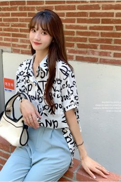 Summer Short Sleeve Shirt for Women, Casual Letter Print Beach Top, Hong Kong Style INS Design, Trendy Summer Fashion
