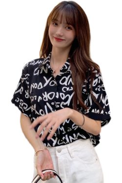 Summer Short Sleeve Shirt for Women, Casual Letter Print Beach Top, Hong Kong Style INS Design, Trendy Summer Fashion