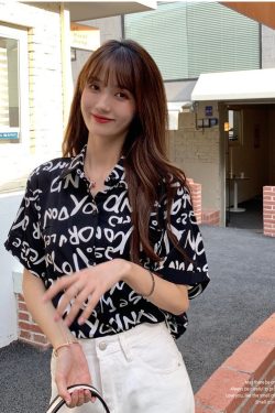 Summer Short Sleeve Shirt for Women, Casual Letter Print Beach Top, Hong Kong Style INS Design, Trendy Summer Fashion