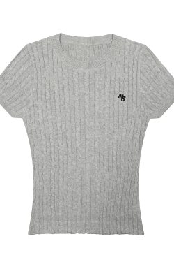 Summer Shoulder Twisted Embroidery Knitted Short Sleeve T-Shirt for Women - Slim Fit High-End Round Neck, Y2K Style Top
