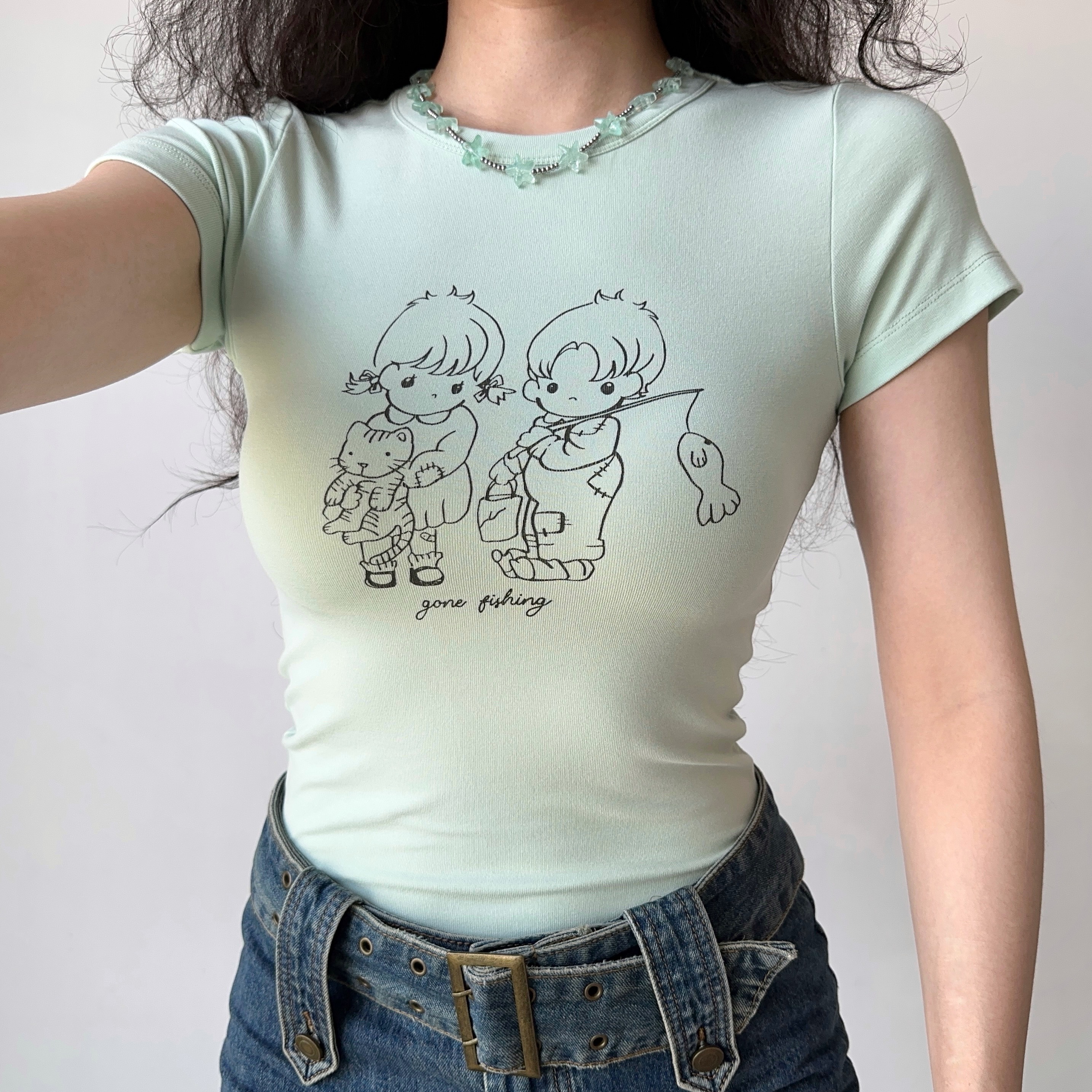 Summer Slim Fit Shoulder T-shirt for Women - Simple Line Drawing Print, European American Style, Round Neck Short Sleeve Top