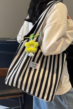 Summer Striped Canvas Tote Bag for Women - Large Capacity Double-Sided Shoulder Commuter Bag - Versatile Fashion Accessory