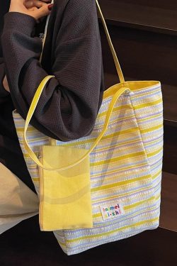 Summer Striped Double-Sided Canvas Tote Bag for Women, Large Capacity Travel Shoulder Bag, Versatile for Students and Commuting