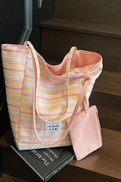 Summer Striped Double-Sided Canvas Tote Bag for Women, Large Capacity Travel Shoulder Bag, Versatile for Students and Commuting