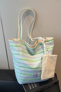 Summer Striped Double-Sided Canvas Tote Bag for Women, Large Capacity Travel Shoulder Bag, Versatile for Students and Commuting